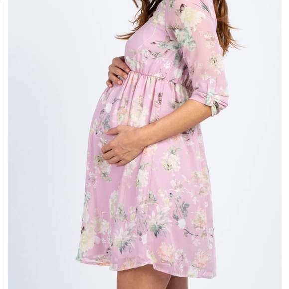 Pink Blush - Pink Floral Maternity Chiffon Dress - Picture 3 of 4